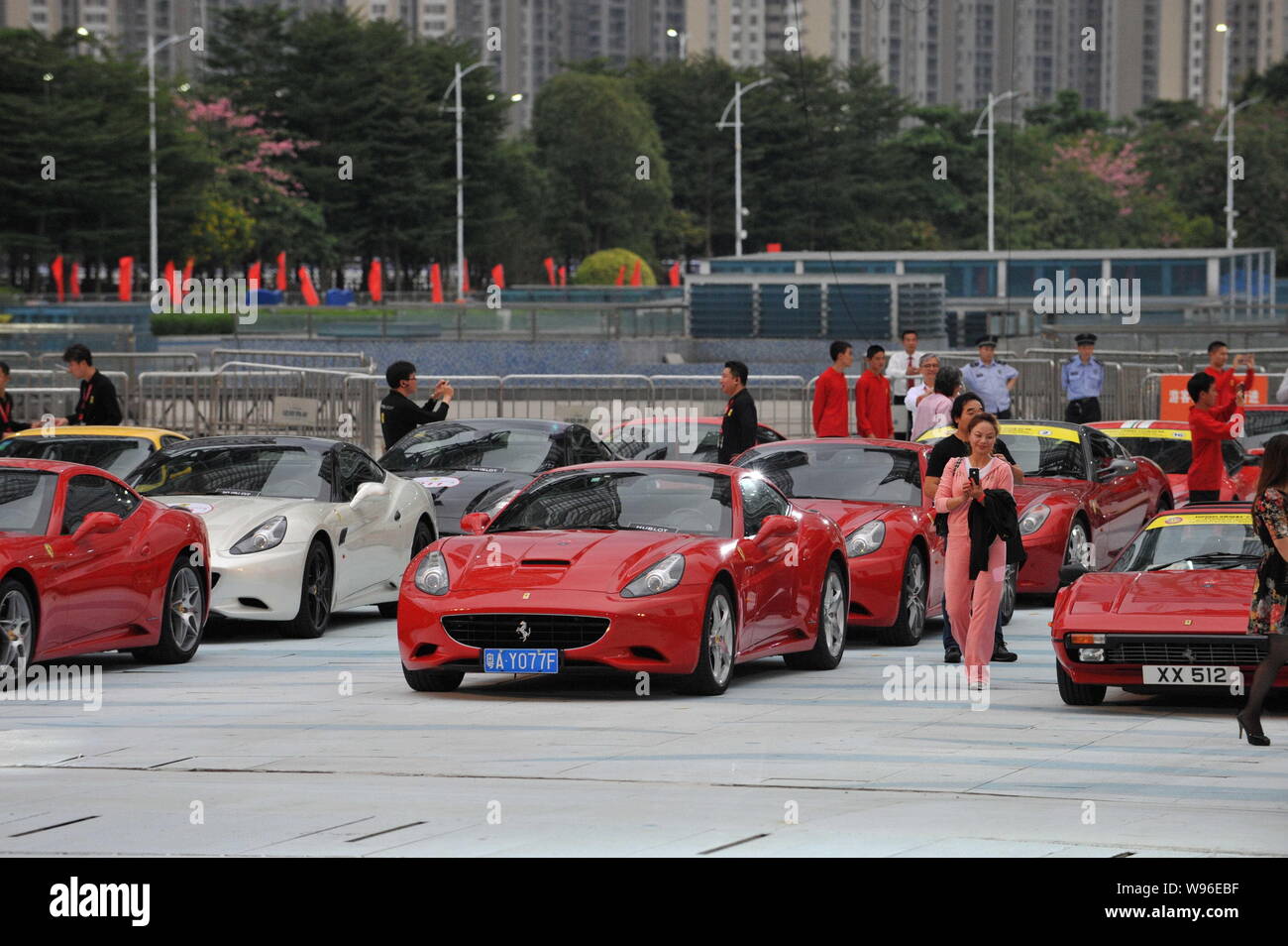 Ferrari sports cars are lined up during a gala to celebrate the 20th