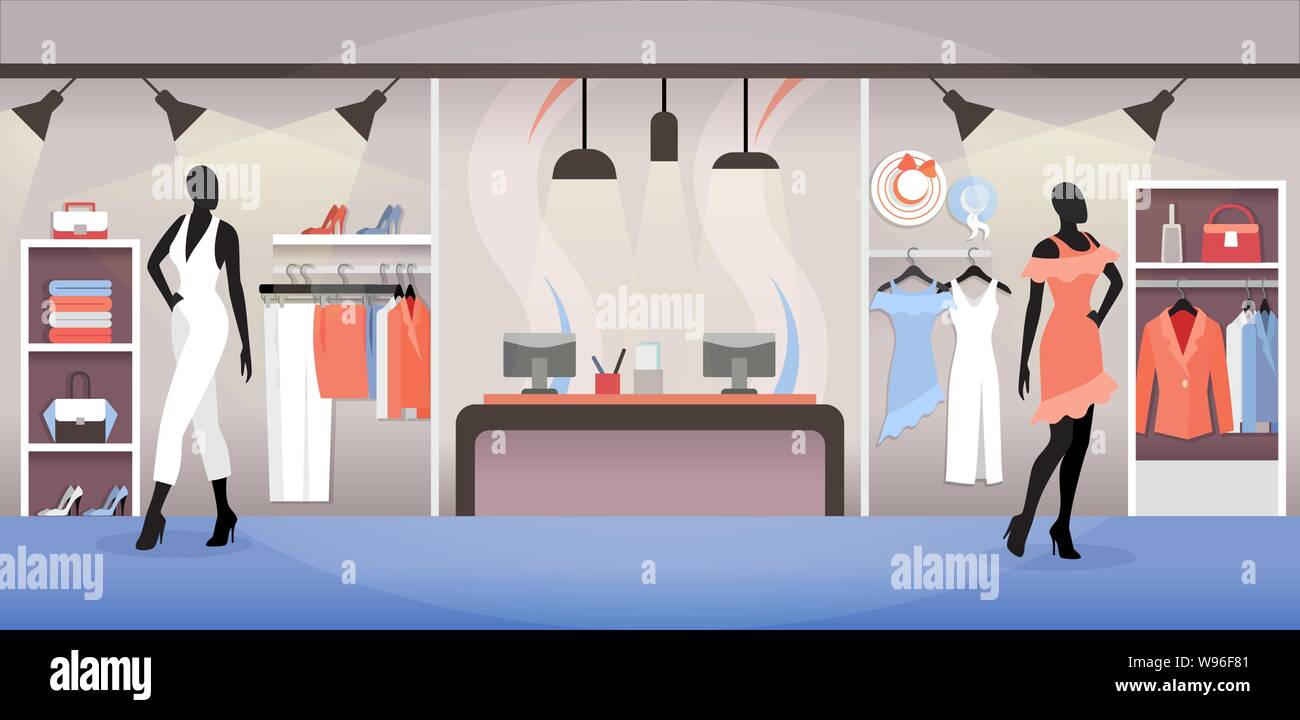 Clothes shop interior, dress and accessory boutique with racks and cashboxes Stock Vector