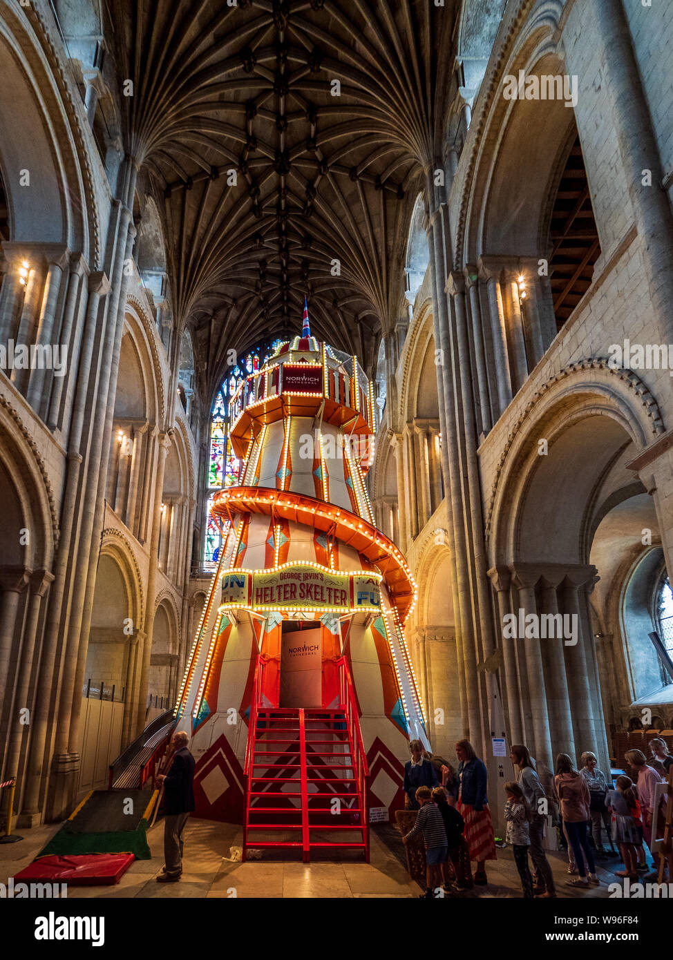 Norwich Cathedral helter-skelter. A helter skelter installed in the nave of Norwich Cathedral to give people a different view of the inside of the building. Stock Photo