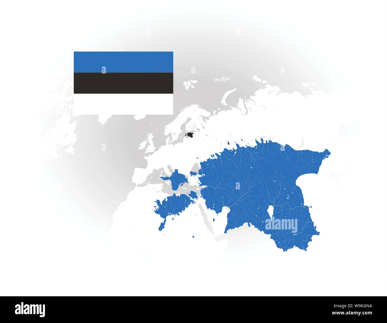 Map of Estonia with rivers and lakes, national flag of Estonia and world map as background. Please look at my other images of cartographic series - th Stock Vector