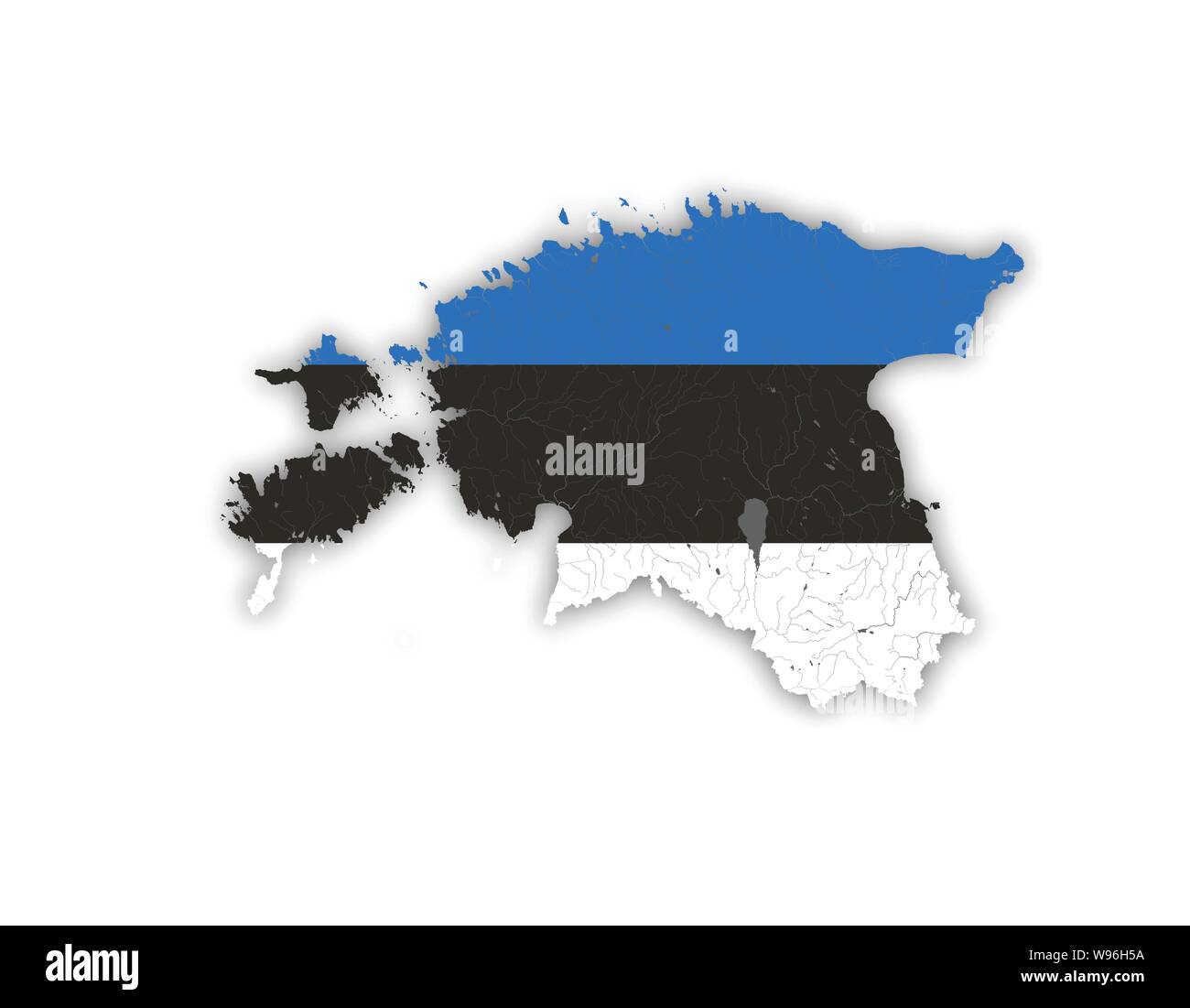 Map of Estonia with rivers and lakes in colors of the Estonian national flag. Please look at my other images of cartographic series - they are all ver Stock Vector