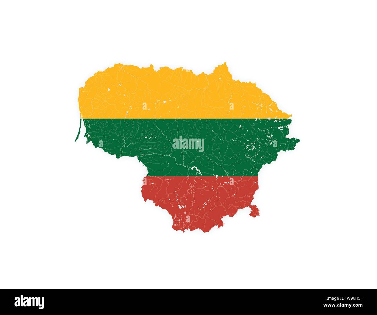 Map of Lithuania with rivers and lakes in colors of Lithuanian national flag. Please look at my other images of cartographic series - they are all ver Stock Vector