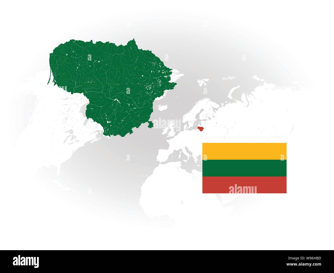 Map of Lithuania with rivers and lakes, national flag of Lithuania and world map as background. Please look at my other images of cartographic series Stock Vector
