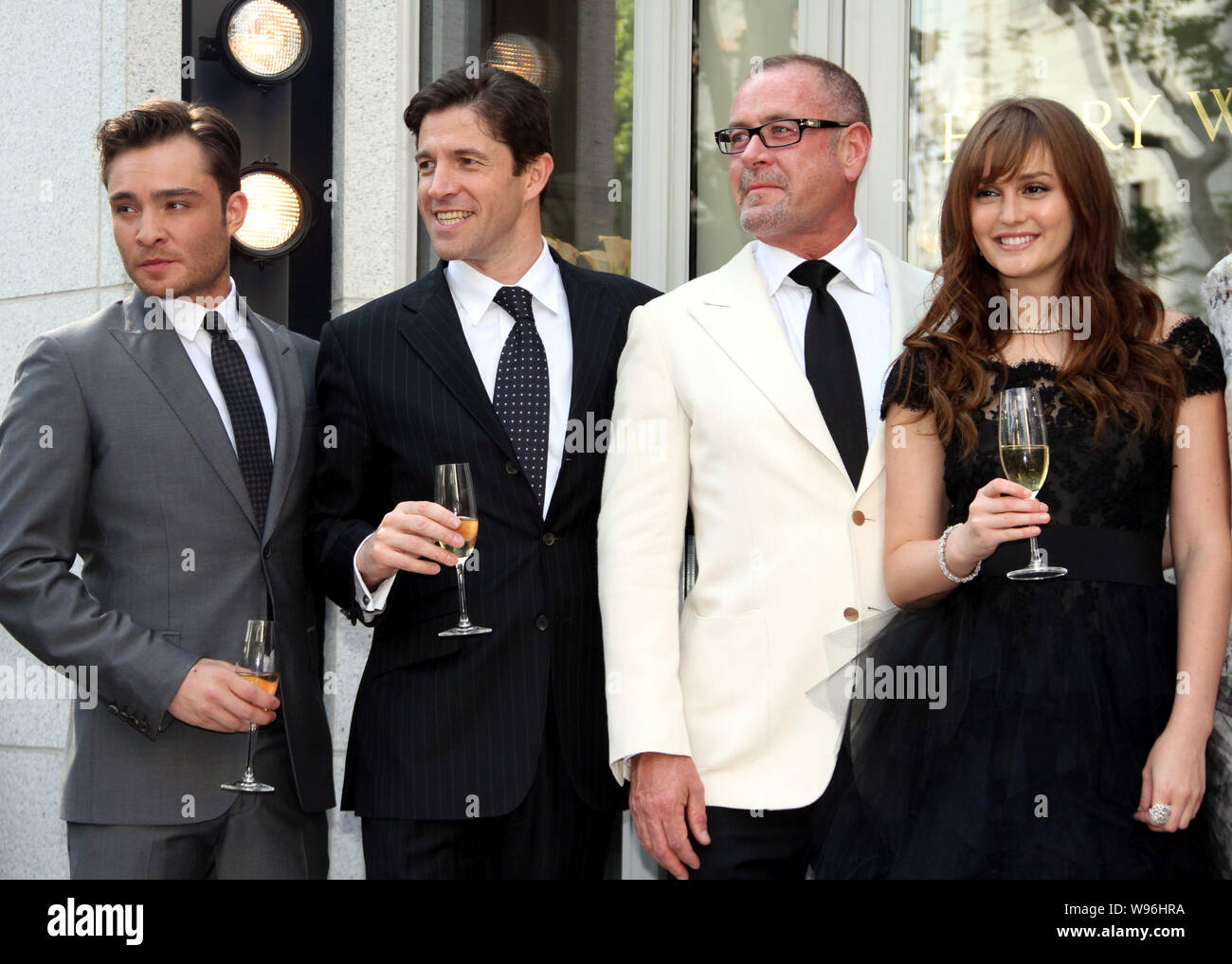 English actor Ed Westwick, left, and U.S. actress Leighton Meester attend a promotional event for U.S. jewellery brand Harry Winston in Xintiandi, a t Stock Photo