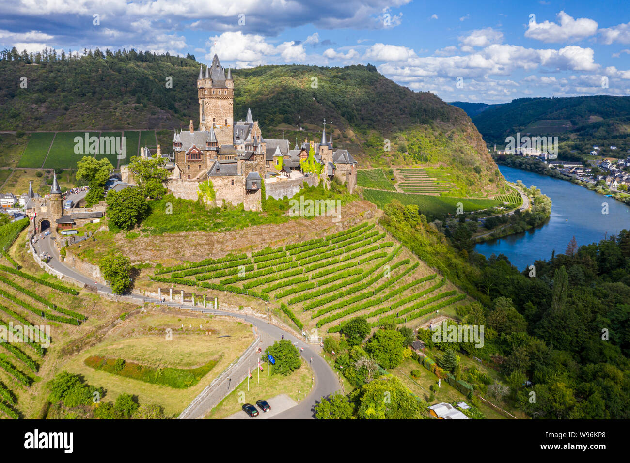 Cochem Imperial Castle, Reichsburg Cochem, reconstructed in the Gothic Revival style protects historic Cochem town on left bank of Moselle river and C Stock Photo