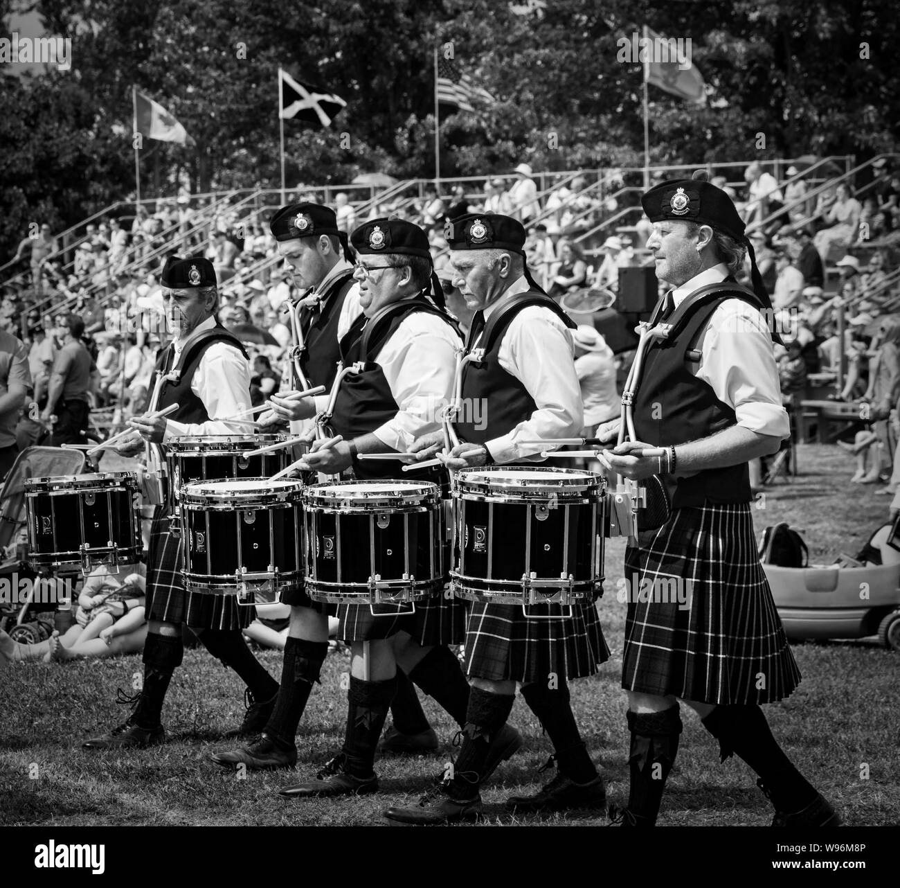 Fergus, Ontario, Canada - 08 11 2018: Drummers of the Durham Regional Police Pipes and Drums band participating in the Pipe Band contest held by Piper Stock Photo