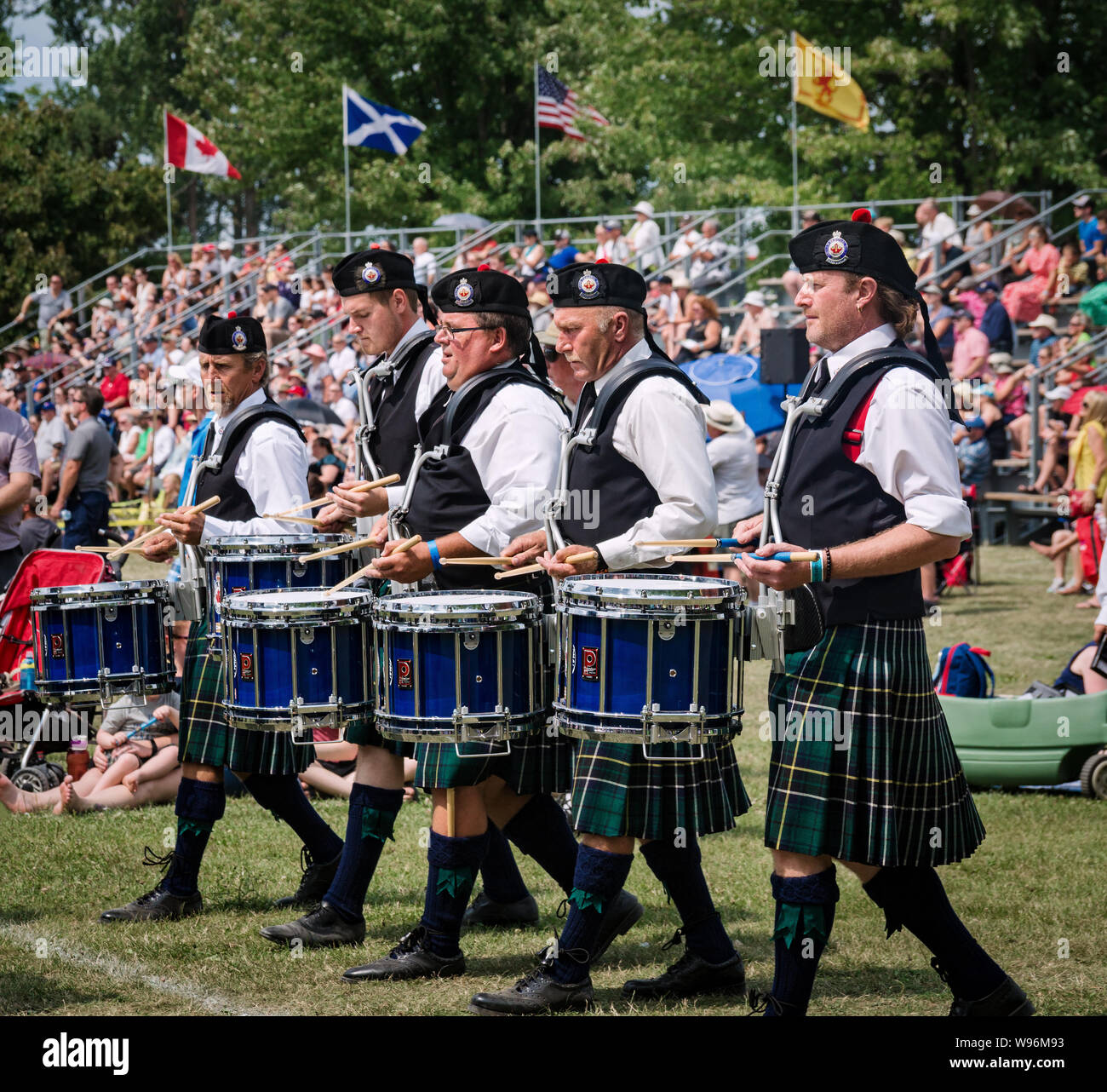 Fergus, Ontario, Canada - 08 11 2018: Drummers of the Durham Regional Police Pipes and Drums band participating in the Pipe Band contest held by Piper Stock Photo