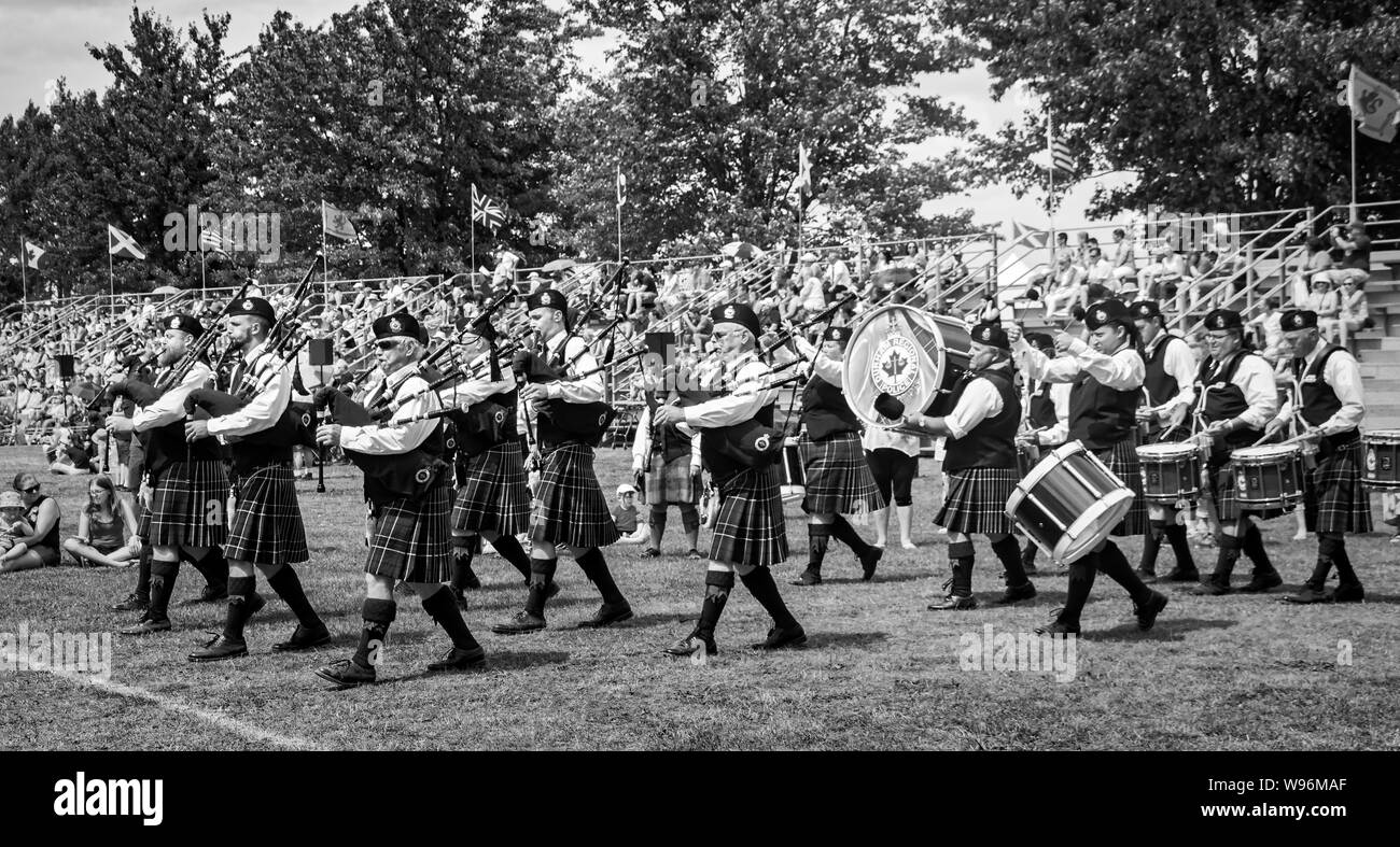 Fergus, Ontario, Canada - 08 11 2018: Durham Regional Police Pipes and Drums band participating in the Pipe Band contest held by Pipers and Pipe Band Stock Photo