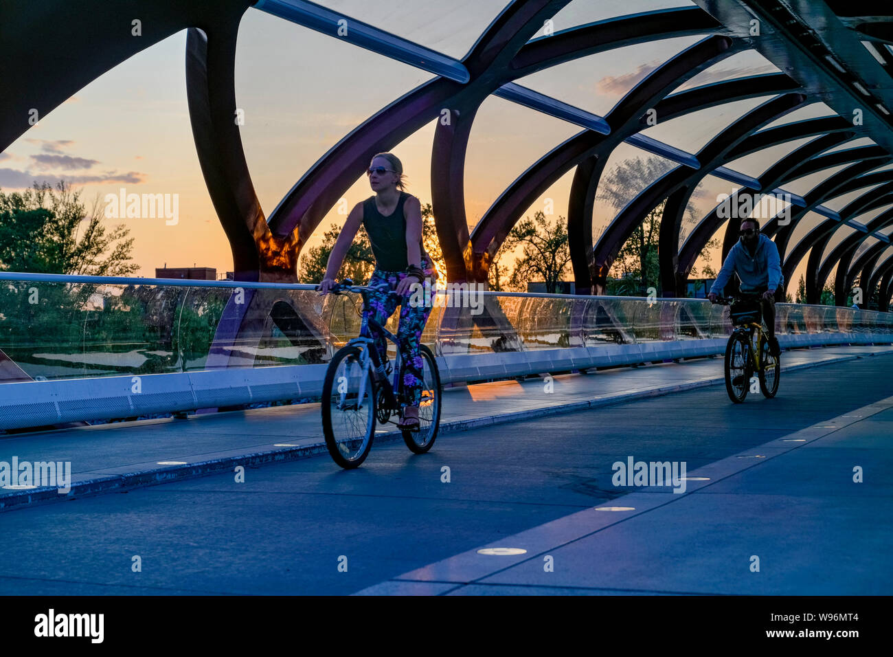 Pedestrian, cyclist only, Peace Bridge, Bow River, Calgary,  Alberta, Canada Stock Photo