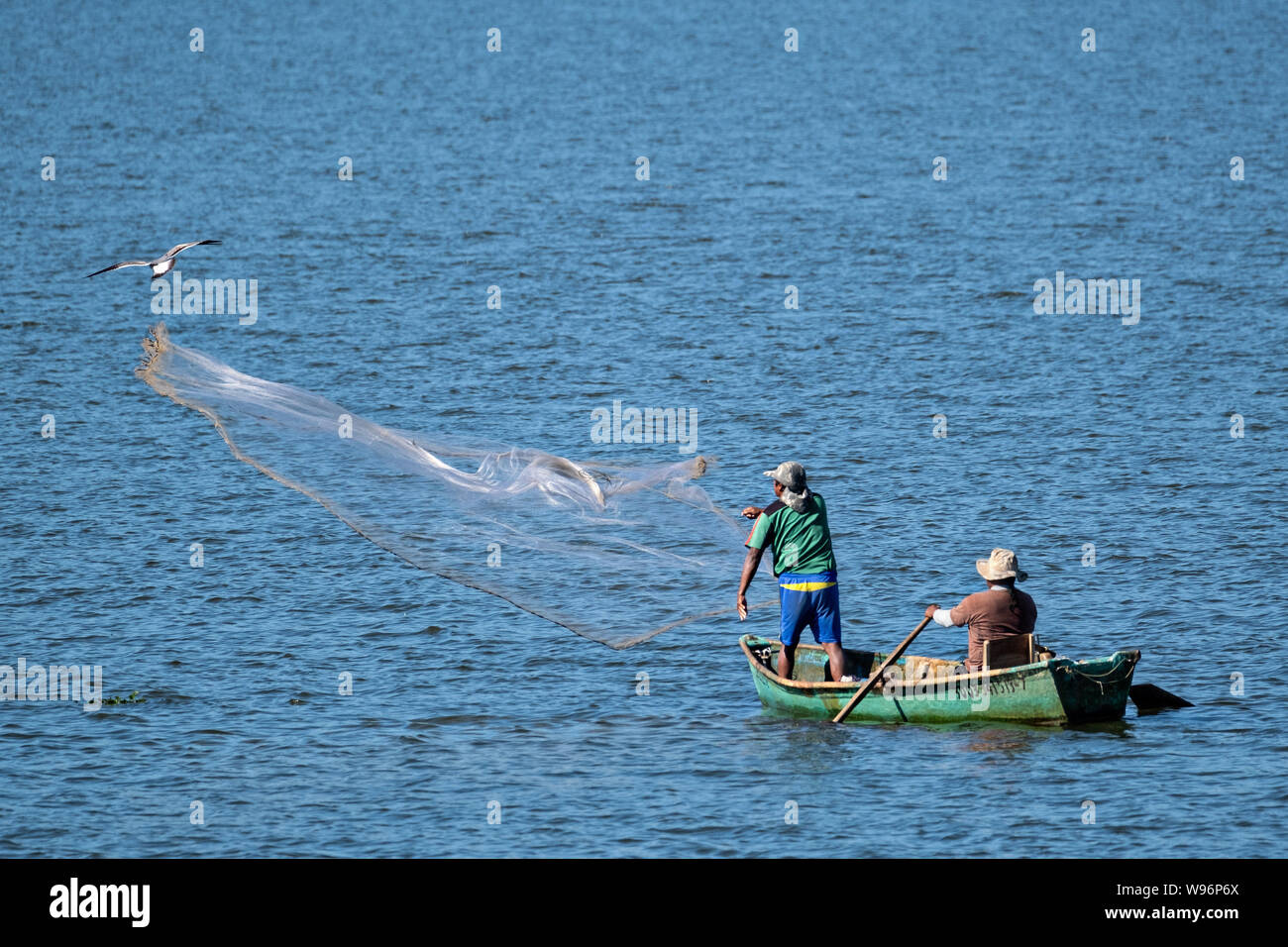 Fishermen use a cast net at Lake Catemaco in Catemaco, Veracruz, Mexico. The tropical freshwater lake at the center of the Sierra de Los Tuxtlas, is a popular tourist destination and known for free ranging monkeys, the rainforest backdrop and Mexican witches known as Brujos. Stock Photo