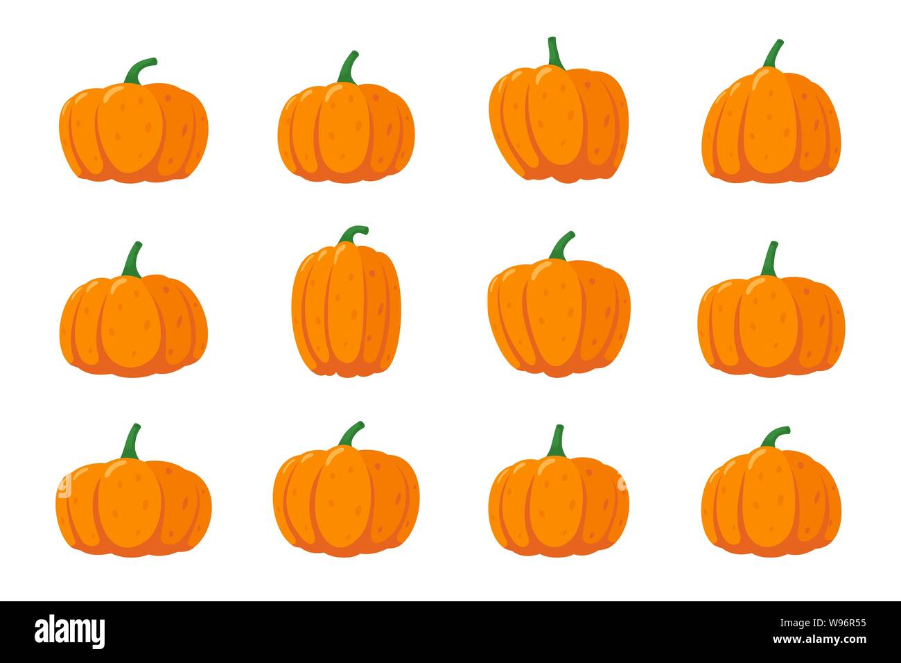 Pumpkin squash cartoon icon set. Orange autumn gourd vegetable isolated vector symbols for agriculture harvest. Thanksgiving or Halloween holidays flat design Stock Vector