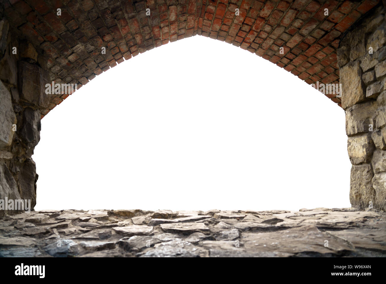 Ancient Historic Brick window arch frame with white blank background Stock Photo