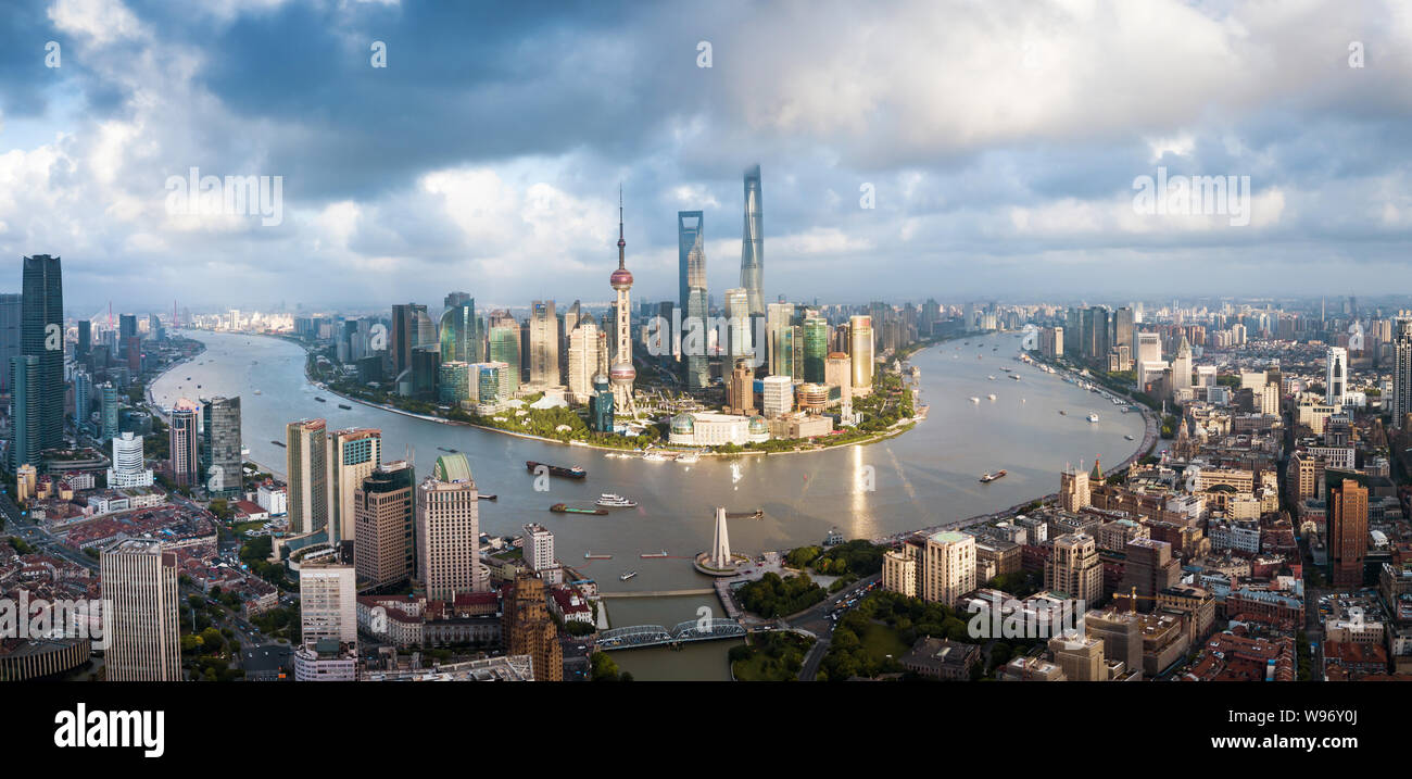 Aerial panorama of Shanghai downtown skyline in south east China Stock Photo