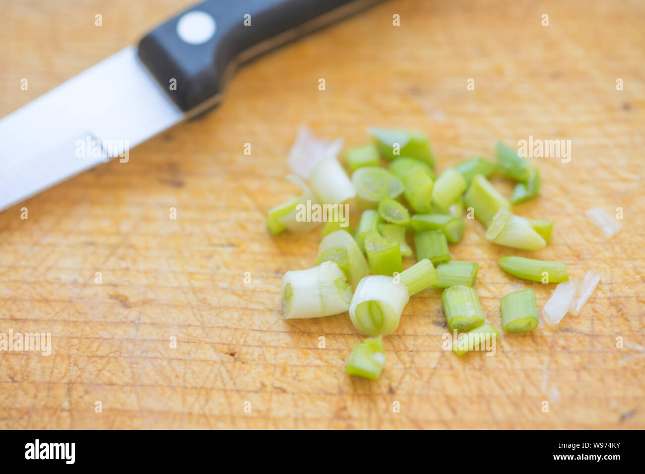 Cut the green onion and the part of the knife on a light brown ...