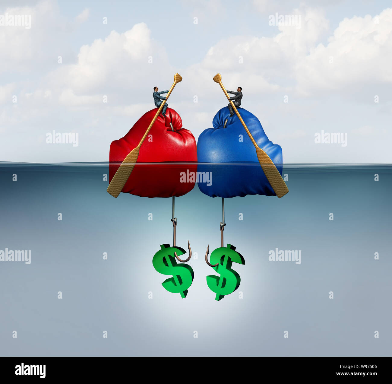 Fishing business concept as a corporate metaphor for financial competition or fish industry conflict with 3D illustration elements. Stock Photo