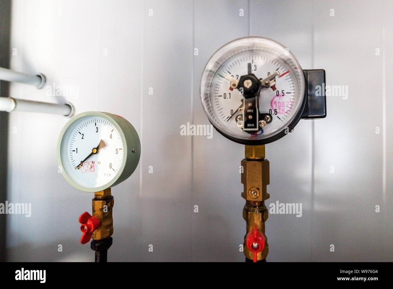 The equipment of the boilerhouse, valves, tubes, pressure gauges