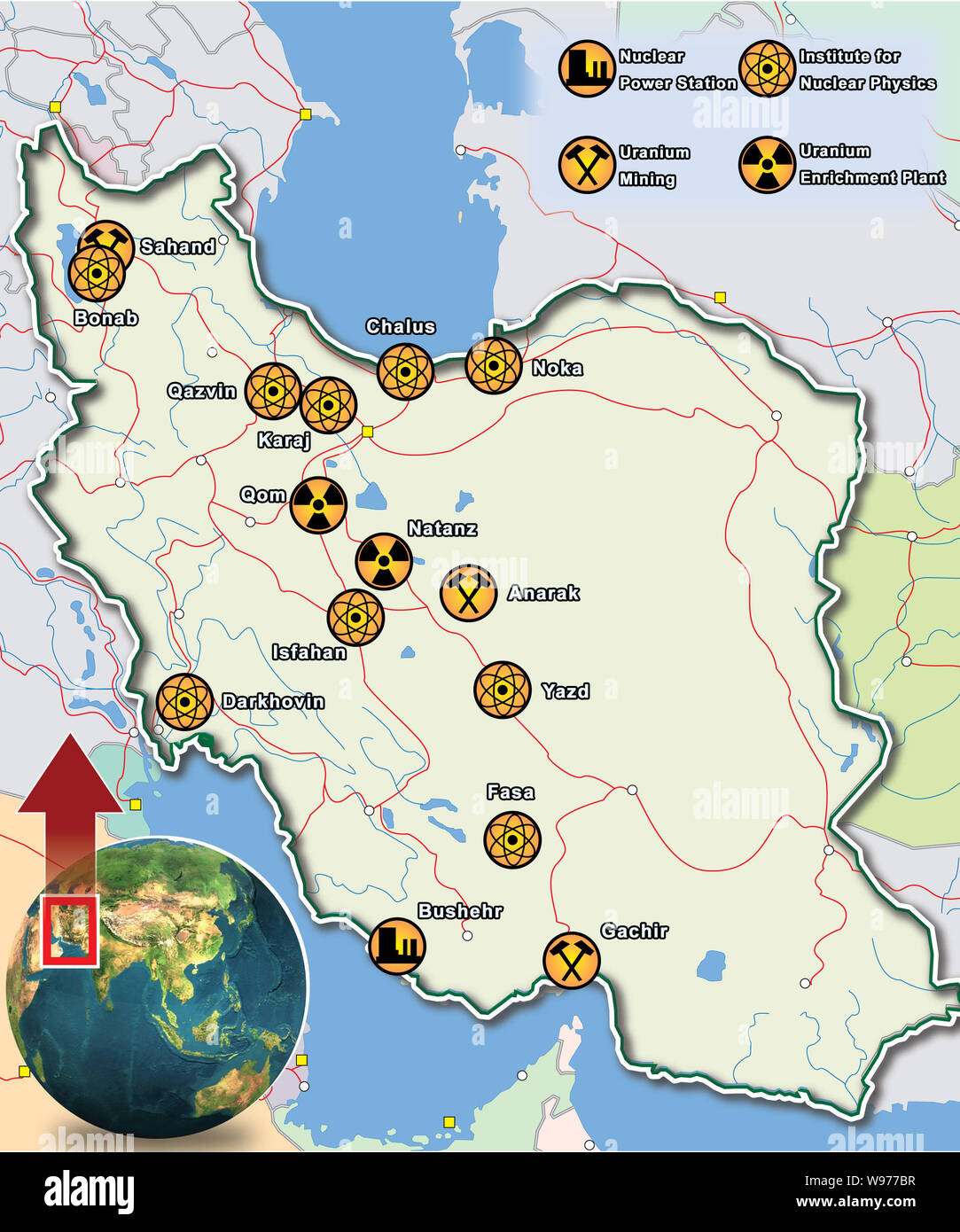 This illustration shows the layout of nuclear facilities in iran stock