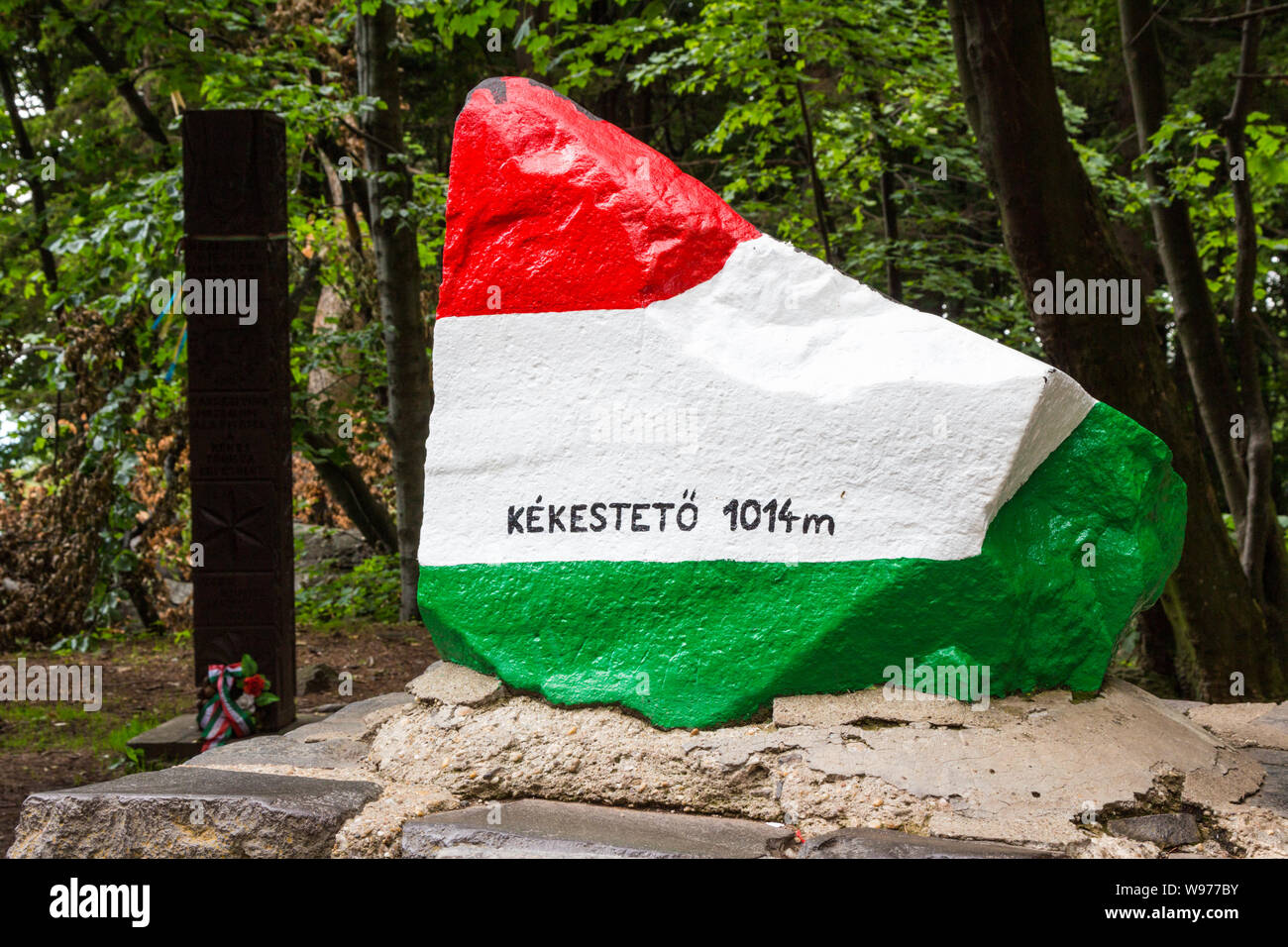 Kekesteto (1014 meters) tricolour stone the highest peak of Hungary, Matra Mountains, Hungary Stock Photo