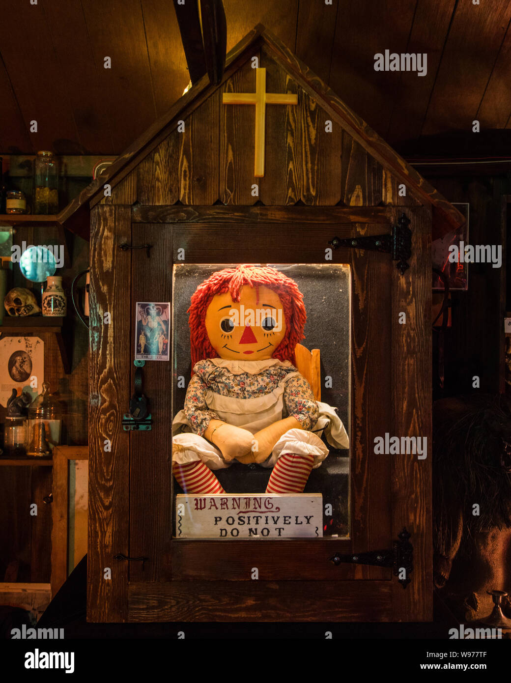 The Real Annabelle Doll that is located in the Warren's Occult Museum in Monroe Connecticut. This is the doll that all 3 Annabelle Movies are based on Stock Photo