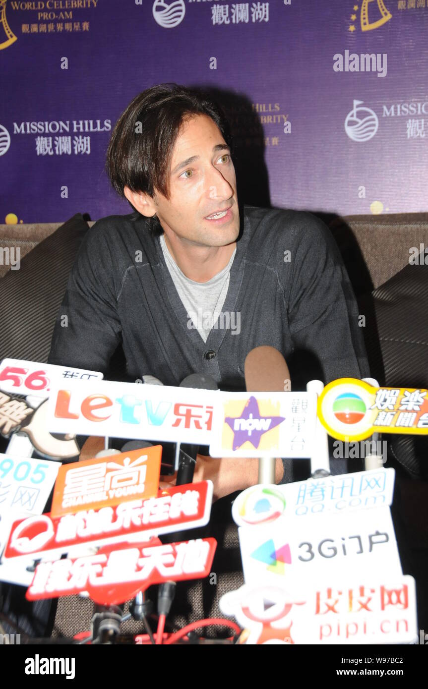 US actor and film producer Adrien Brody attends a press conference for the 2012 Mission Hills World Celebrity Pro-Am golf tournament in Haikou city, s Stock Photo