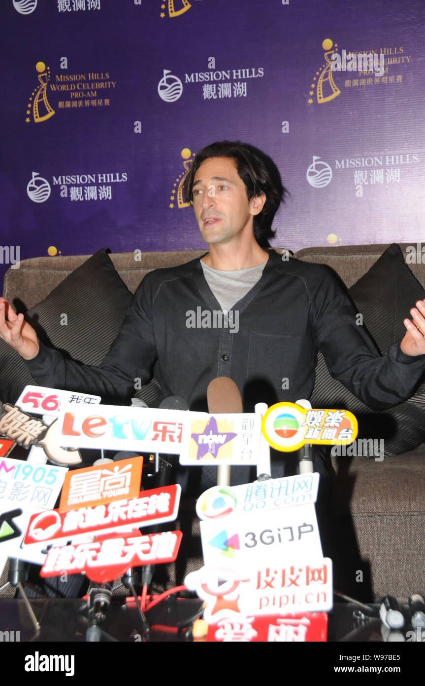 US actor and film producer Adrien Brody attends a press conference for the 2012 Mission Hills World Celebrity Pro-Am golf tournament in Haikou city, s Stock Photo