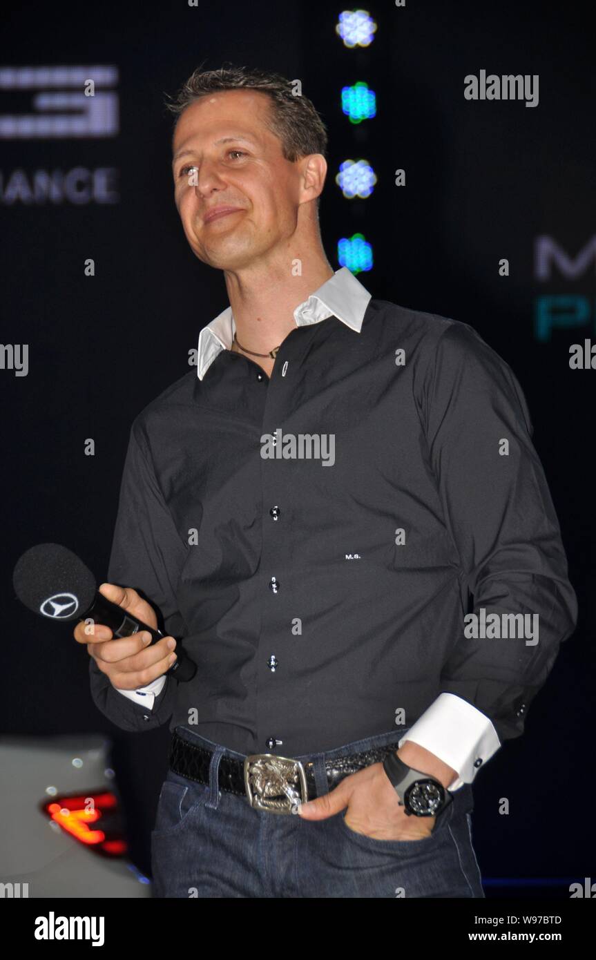 German F1 driver Michael Schumacher of the Mercedes team is pictured during a promotional event in Shanghai, China, 14 April 2012. Stock Photo