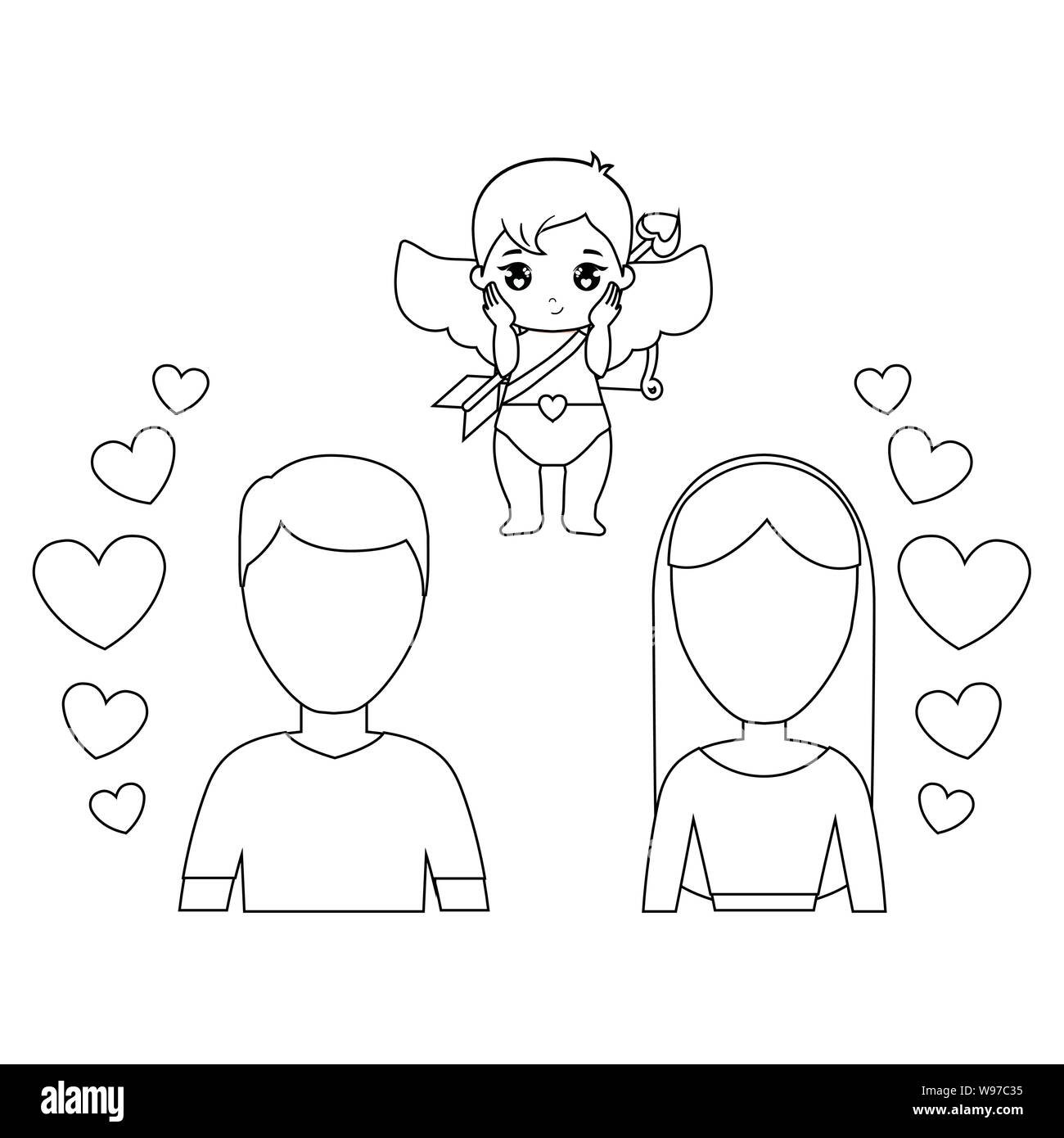young couple lovers with cupid and hearts vector illustration design ...