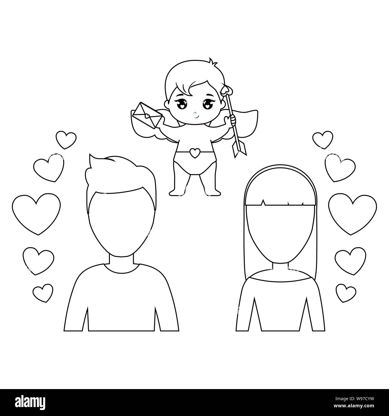 young couple lovers with cupid and hearts vector illustration design ...
