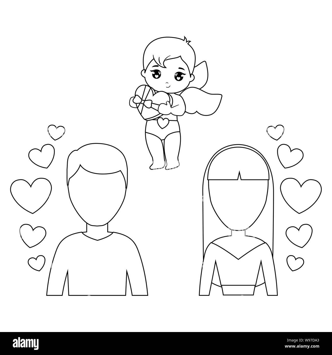 young couple lovers with cupid and hearts vector illustration design ...