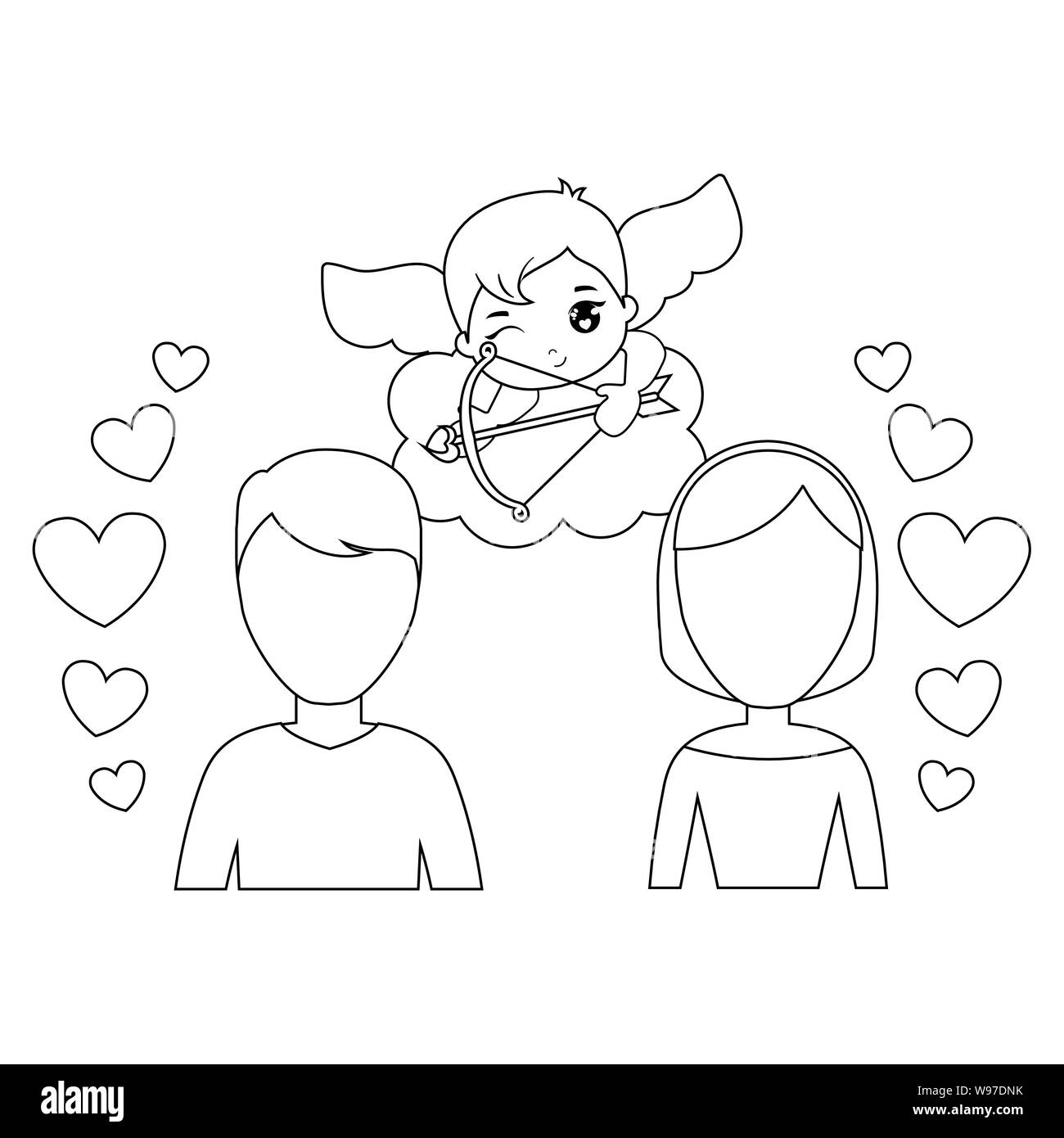young couple lovers with cupid and hearts vector illustration design ...