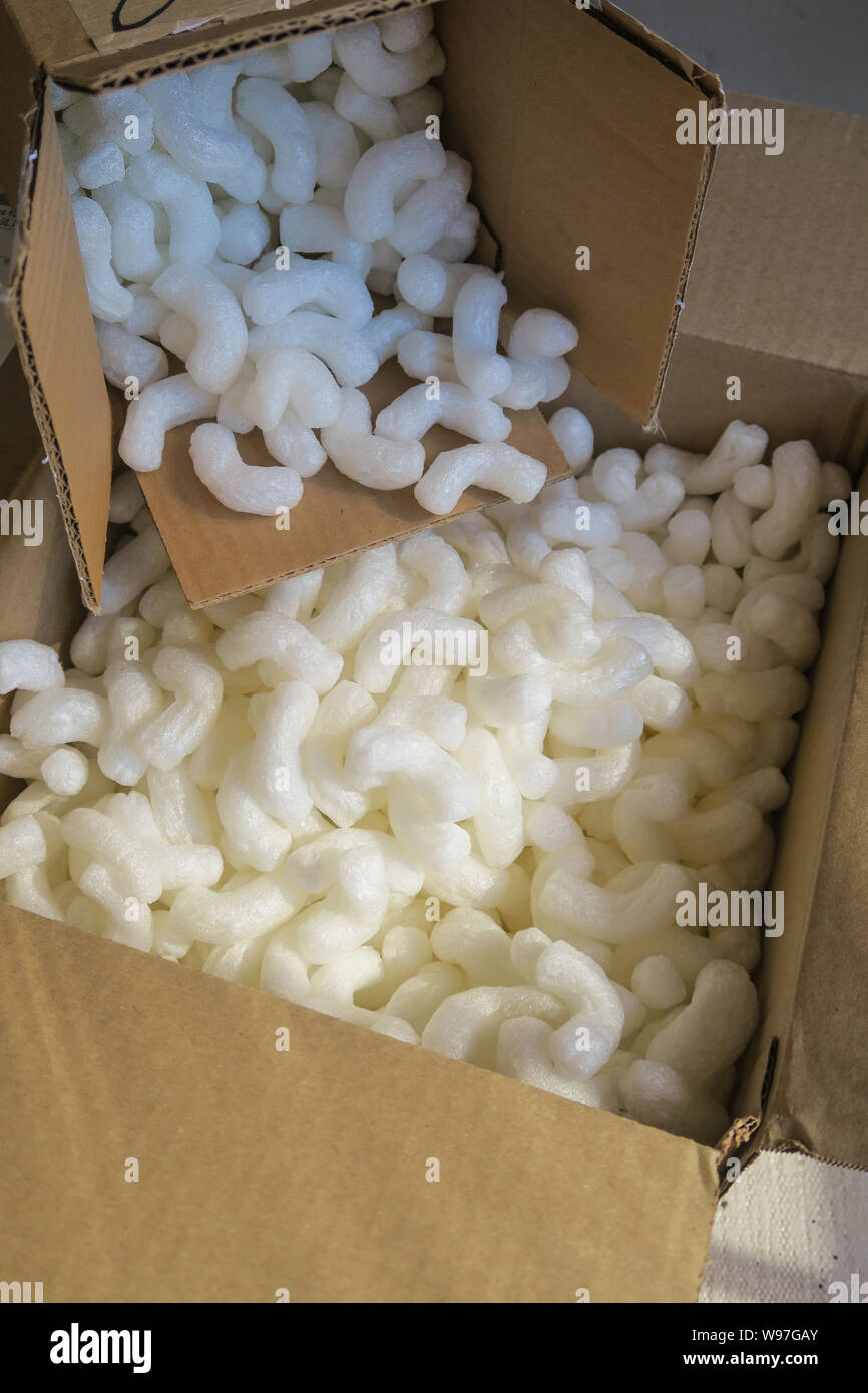 Styrofoam Peanuts, in Cardboard Boxes, Still life Stock Photo