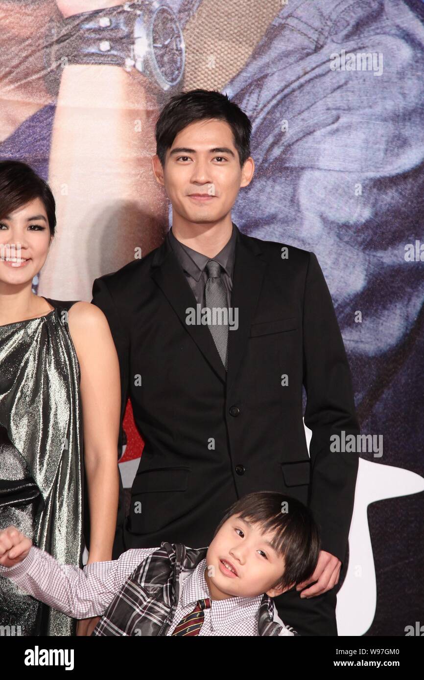 Taiwanese actress and singer Ella Chan, actor and singer Vic Chou and his son in the movie, child actor Benny (Little Bin), pose during a premiere cer Stock Photo