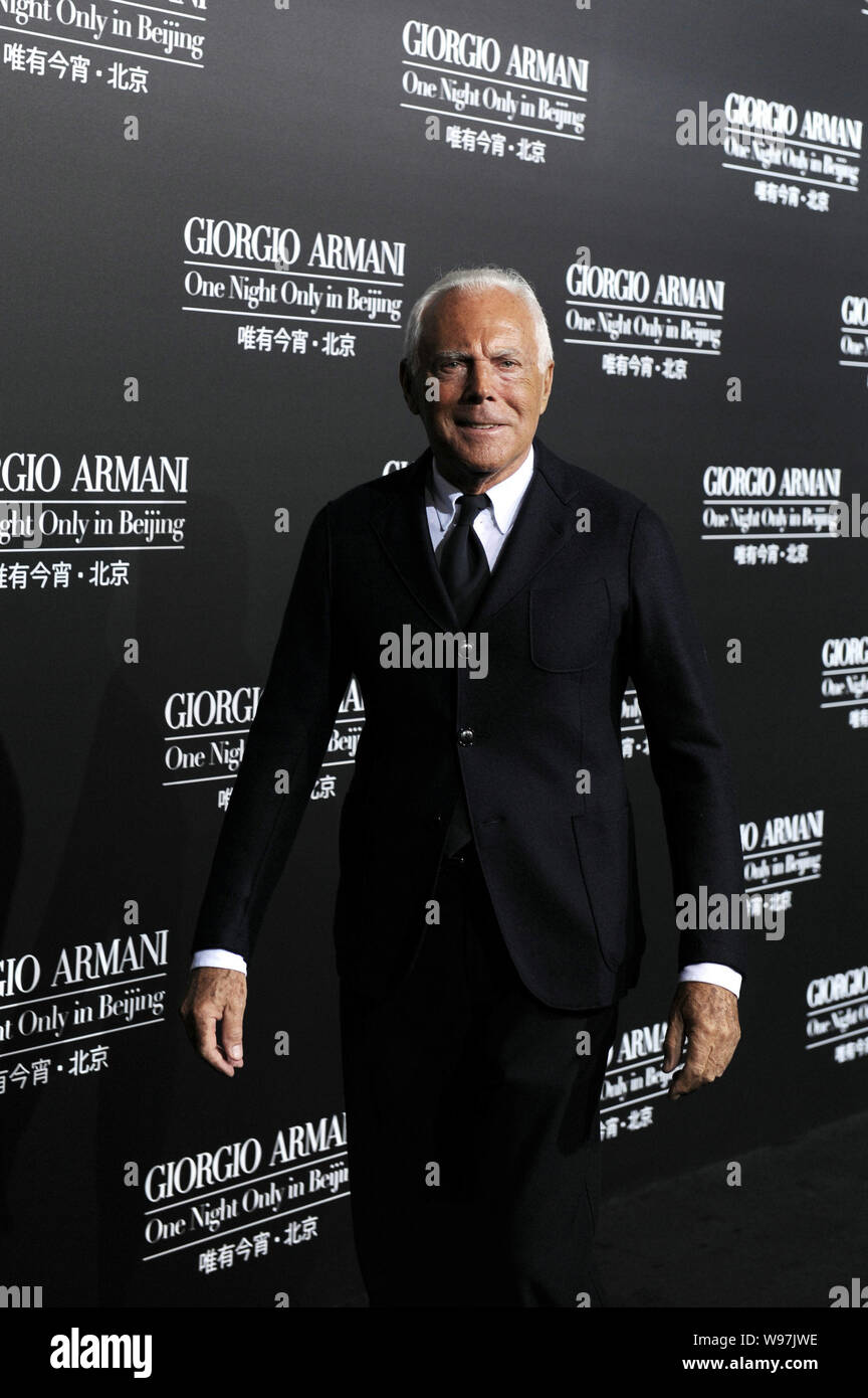 Fashion designer Giorgio Armani poses at the red carpet ceremony before the Giorgio  Armani One Night Only in Beijing fashion show at the 798 Art Zone Stock  Photo - Alamy