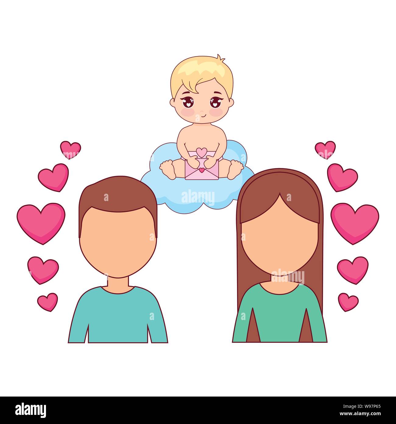 young couple lovers with cupid and hearts vector illustration design ...