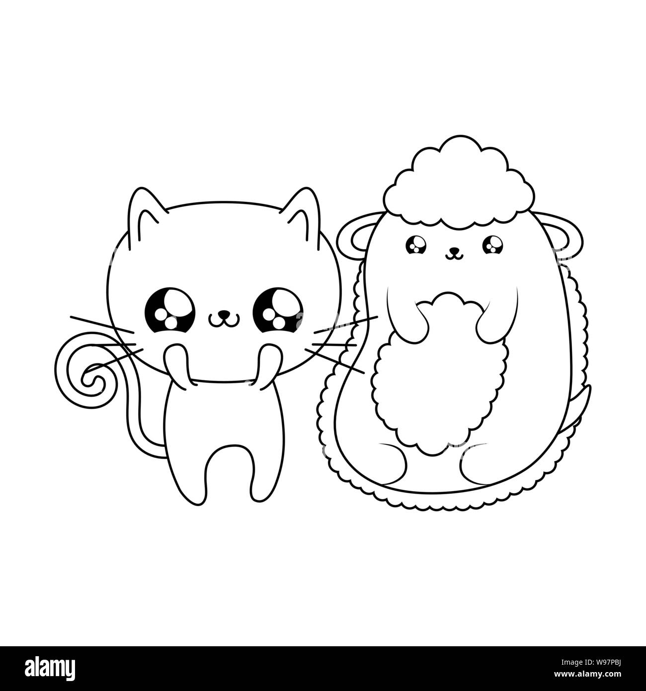 cute cat with sheep baby animals kawaii style vector illustration ...
