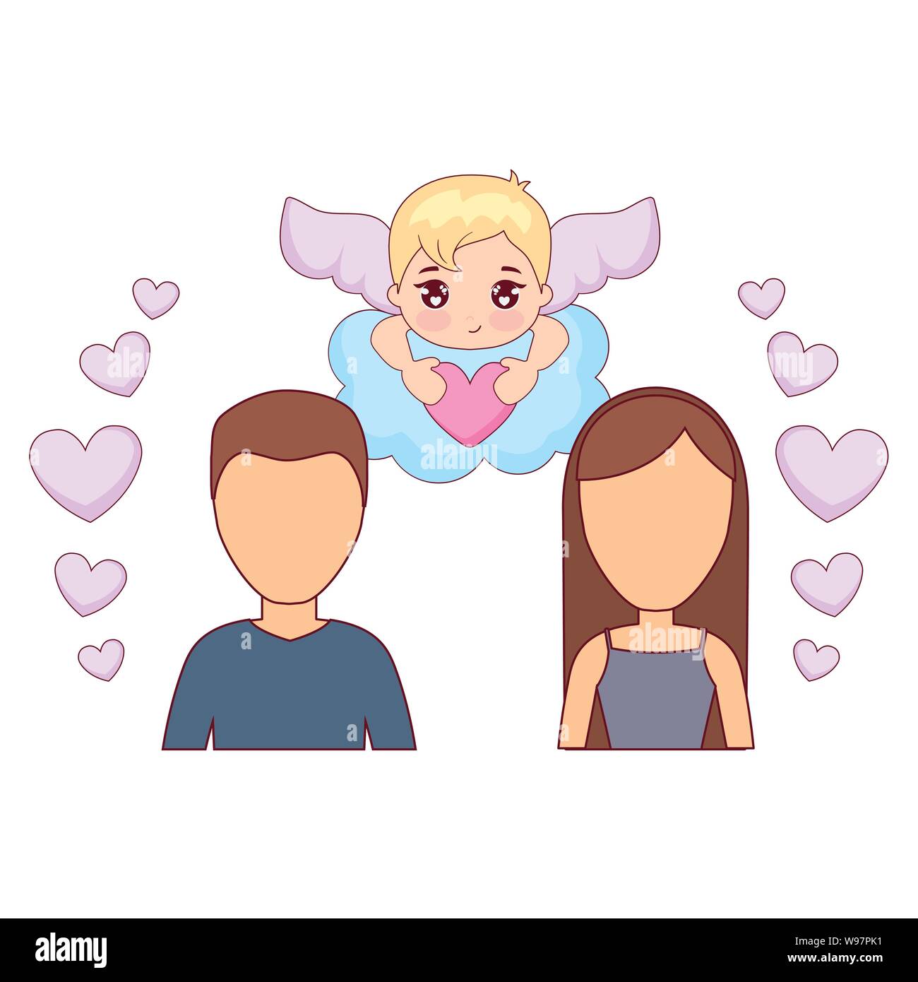 young couple lovers with cupid and hearts vector illustration design ...