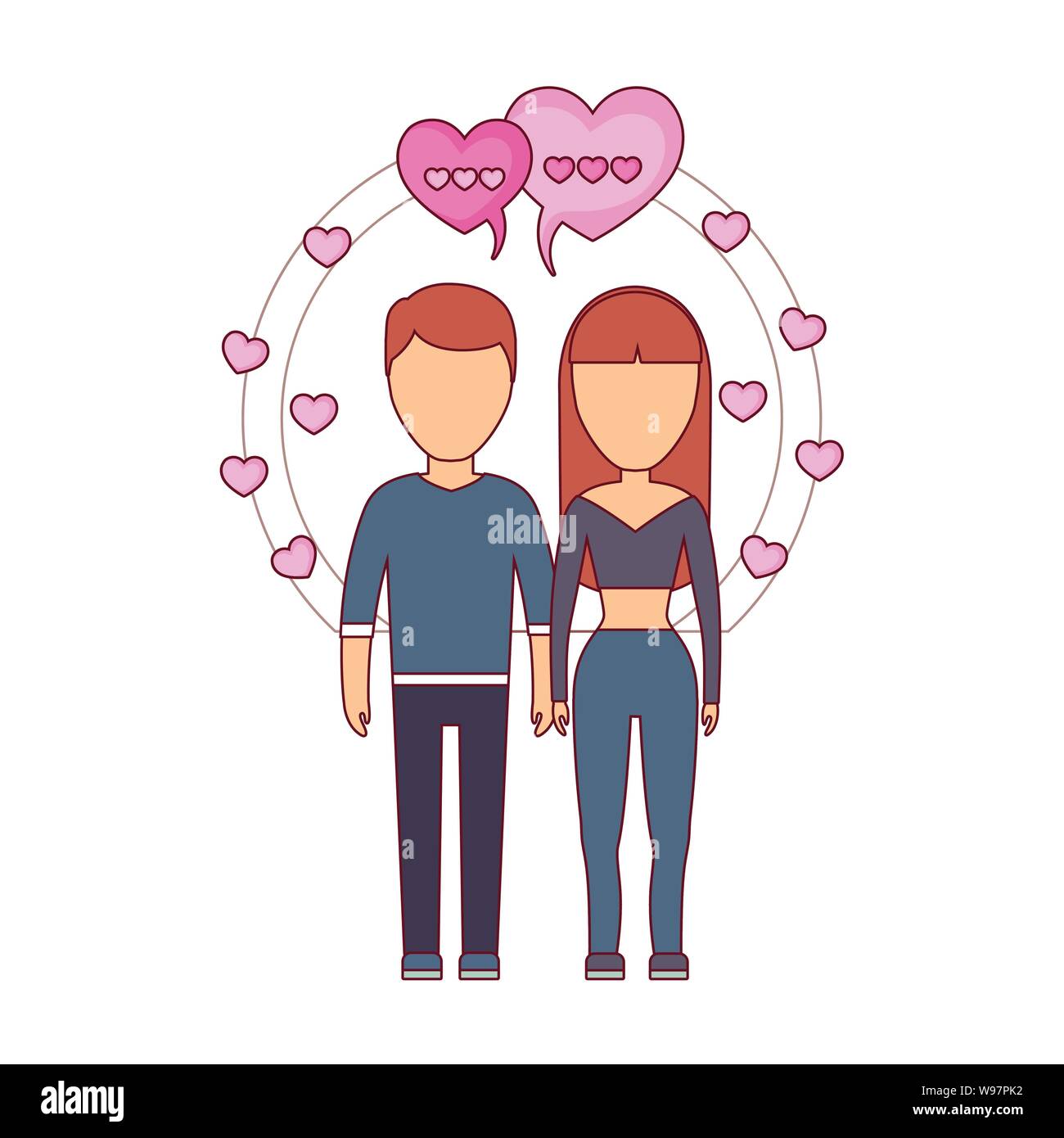 young couple lovers with speech bubbles and hearts vector illustration ...