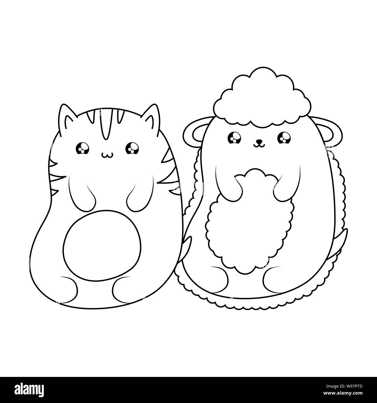cute cat with sheep baby animals kawaii style vector illustration ...