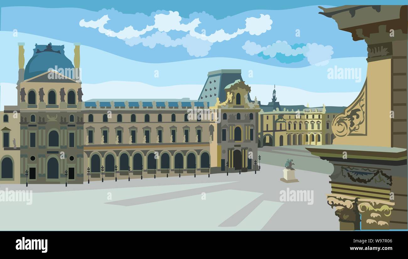Colorful vector Illustration of Louvre museum, landmark of Paris, France. Cityscape with museum. Colorful vector illustration, cityscape of Paris. Stock Vector