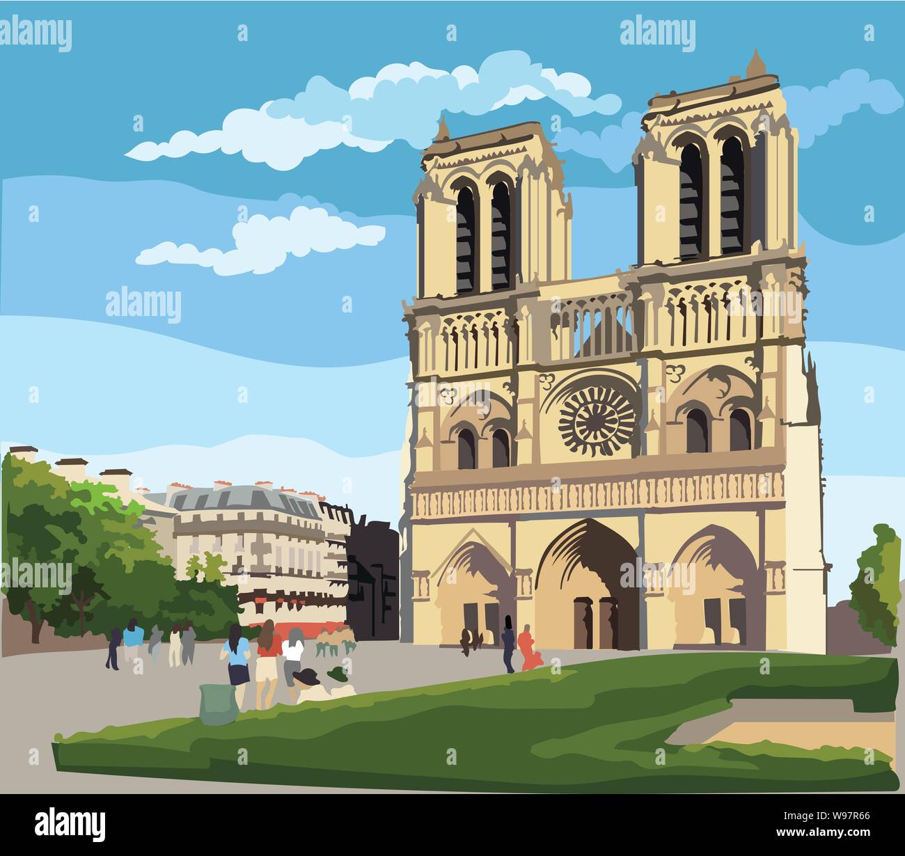 Colorful vector Illustration of Notre Dame Cathedral (Paris, France). Landmark of Paris. Cityscape with Notre Dame Cathedral. Stock Vector