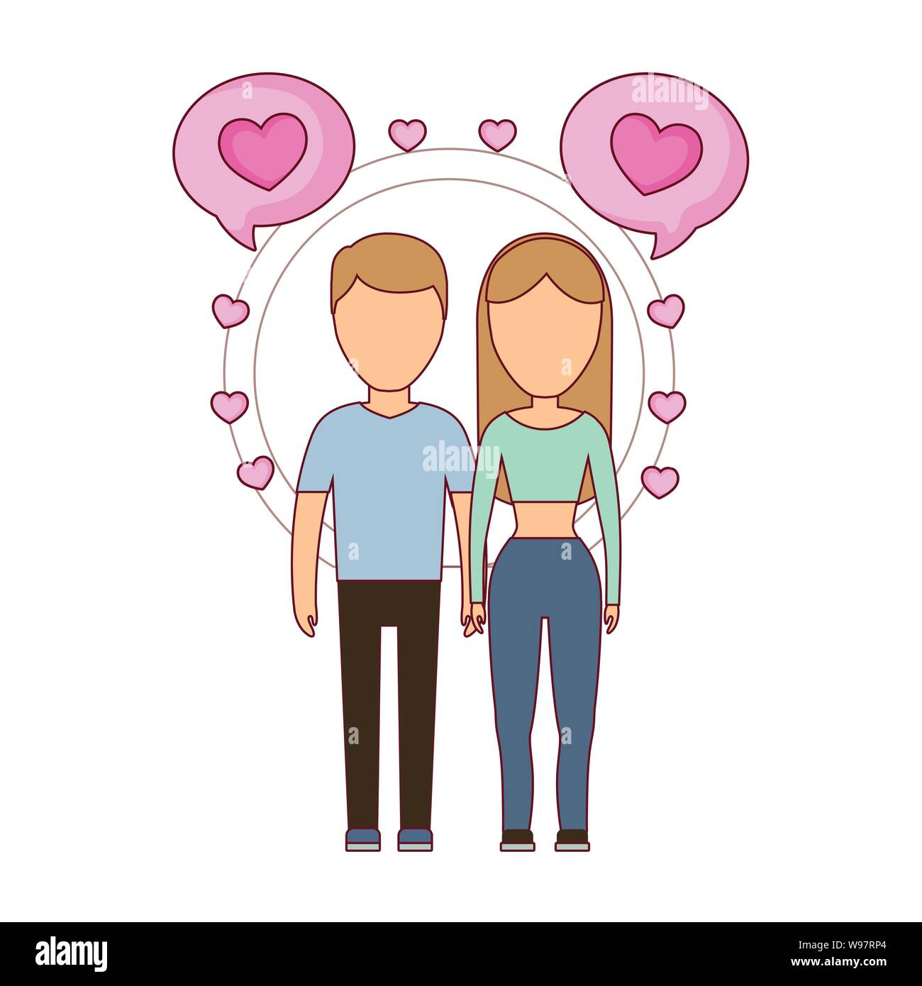 young couple lovers with speech bubbles and hearts vector illustration ...