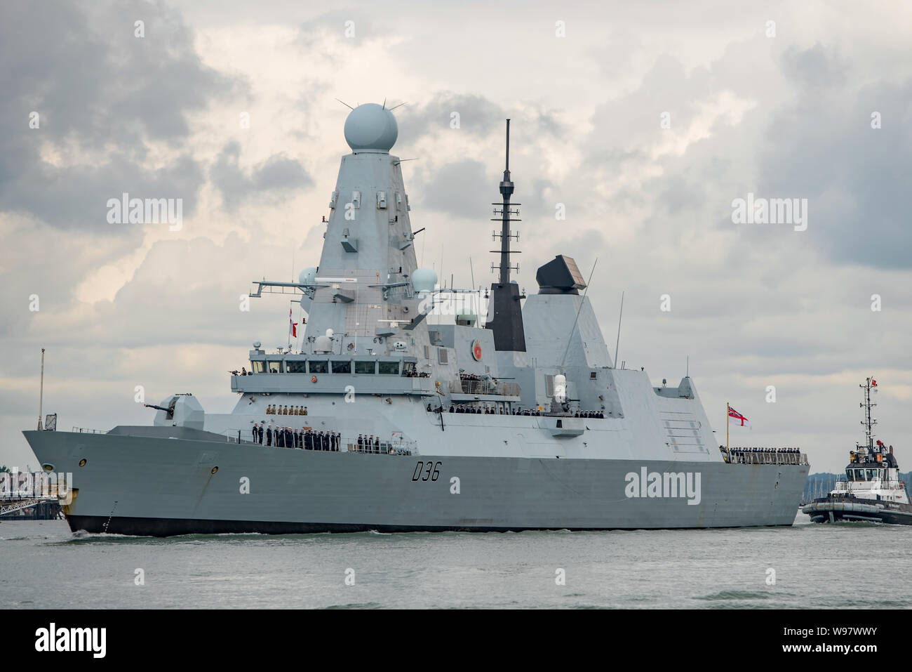 The Royal Navy Type 45 destroyer HMS Defender (D36) left Portsmouth, UK on 12/8/19 to start a deployment to the Far East, representing Global Britain. Stock Photo