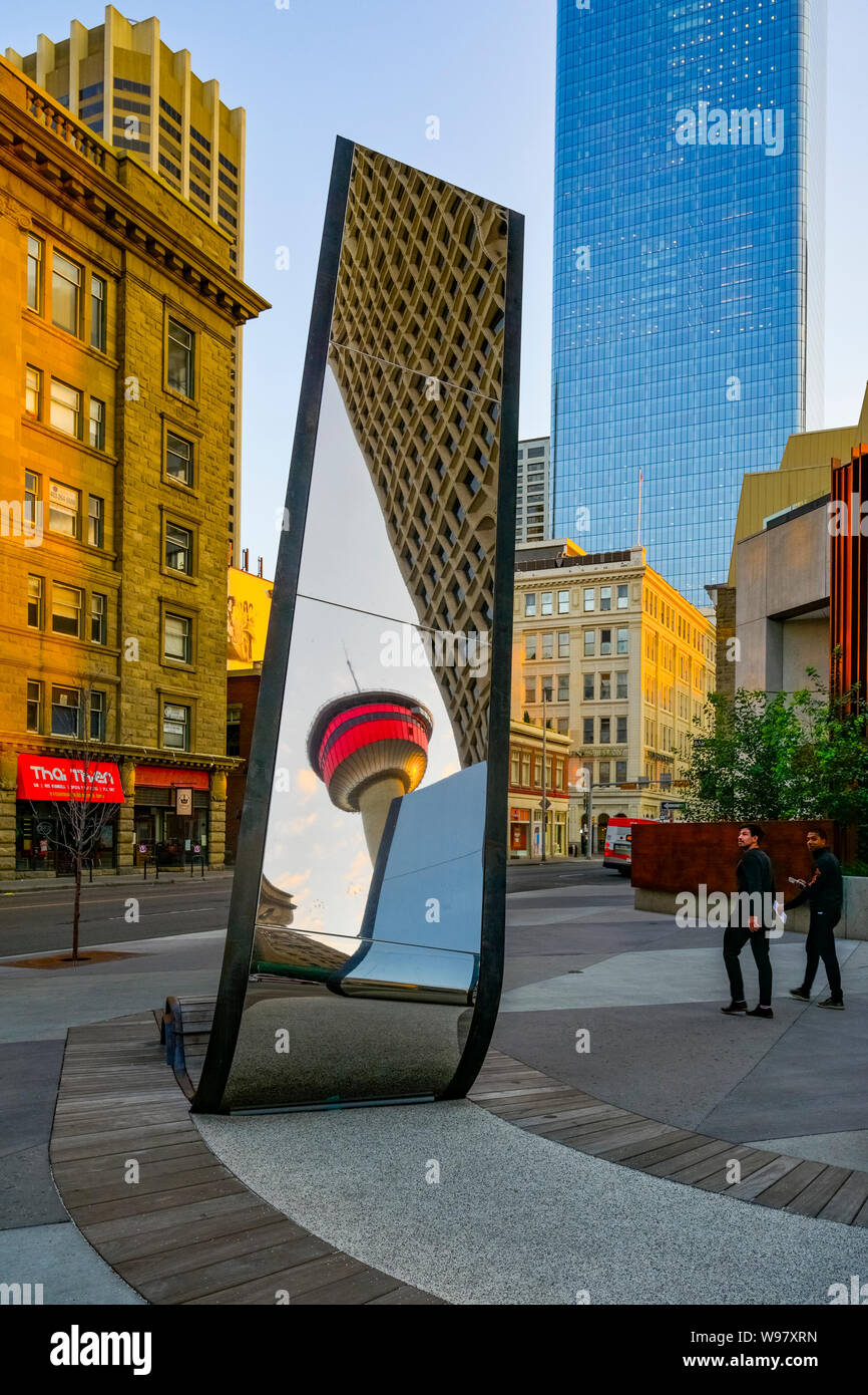 Calgary Tower reflected in long mirror, art installation called