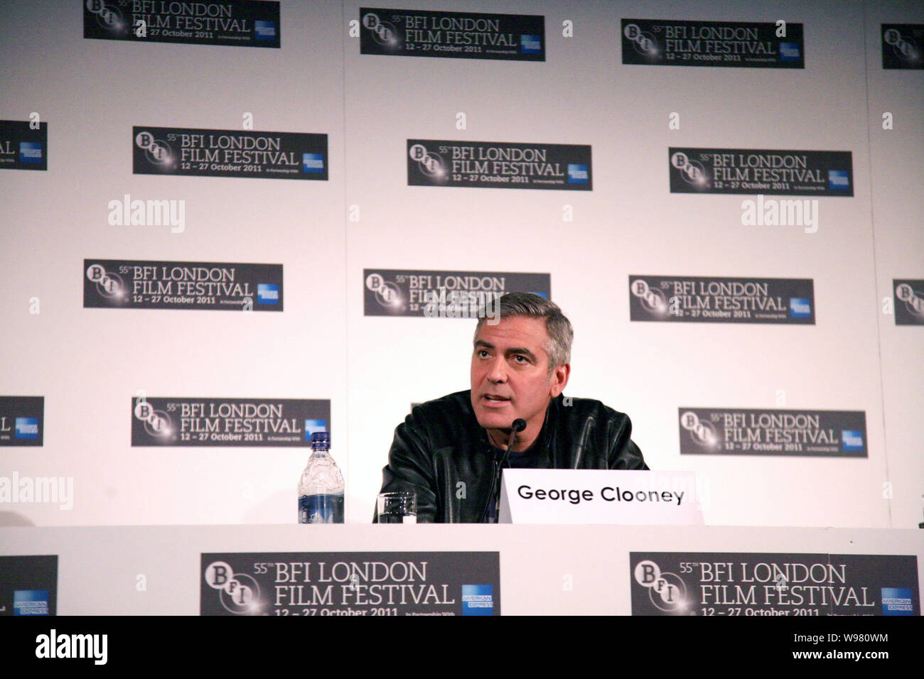 US actor George Clooney speaks at a press conference for the movie, The Ides of March, during the 55th BFI London Film Festival in London, UK, 19 Octo Stock Photo