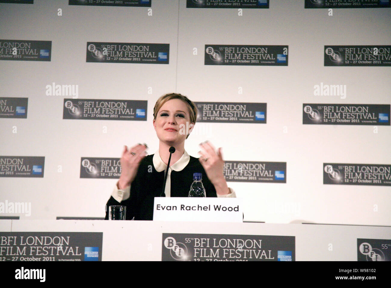 US actress Evan Rachel Wood speaks at a press conference for the movie, The Ides of March, during the 55th BFI London Film Festival in London, UK, 19 Stock Photo