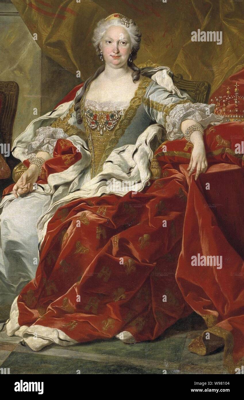Detail of Elisabeth Farnese, Queen of Spain in a 1743 painting by Louis Michel van Loo (closer). Stock Photo