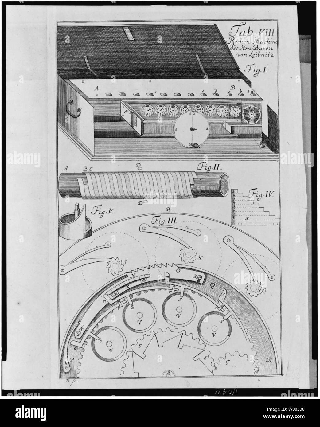 Details of the mechanisms of the Leibniz calculator, the most advanced