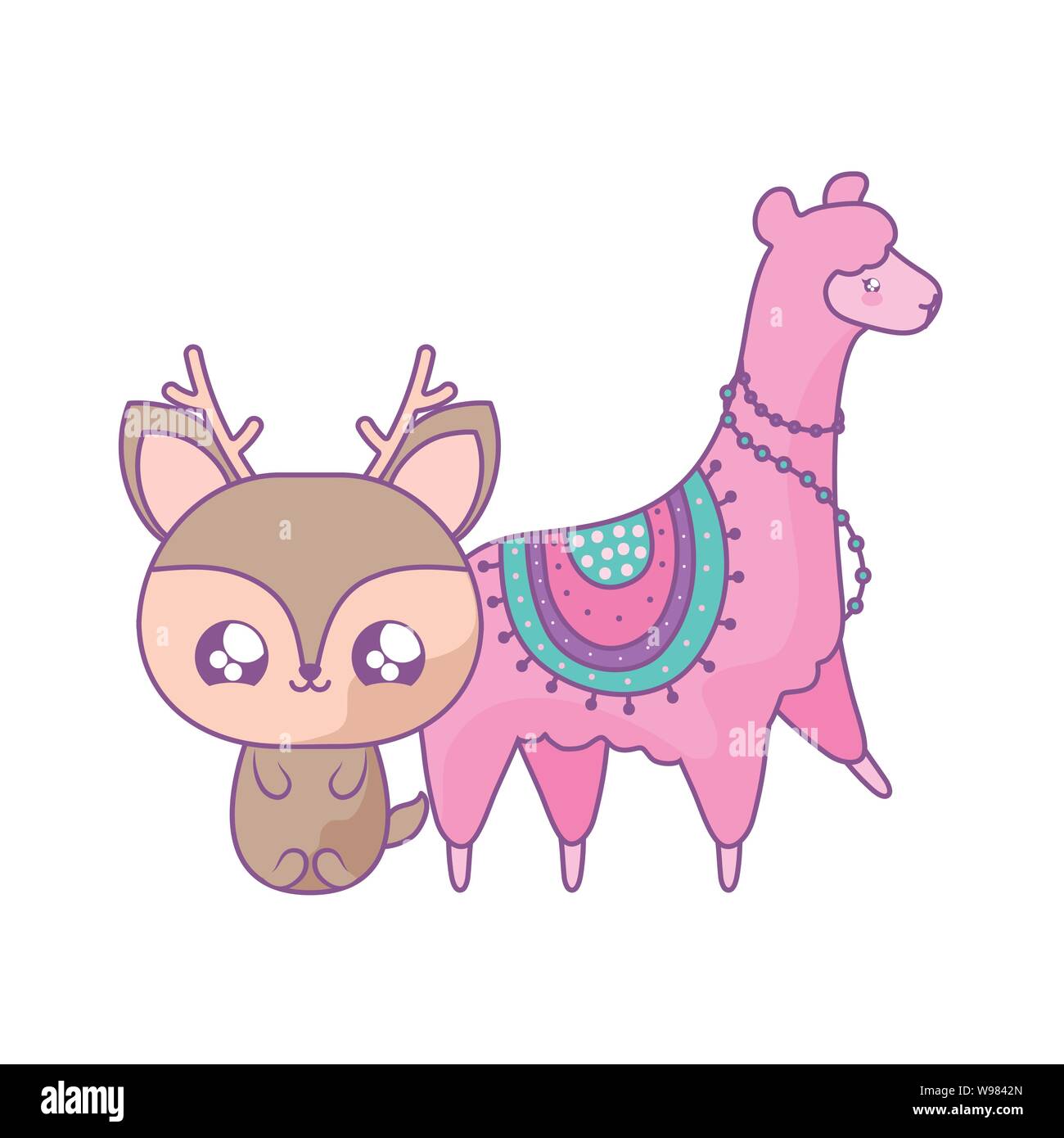 cute reindeer with alpaca baby animals kawaii style vector illustration ...