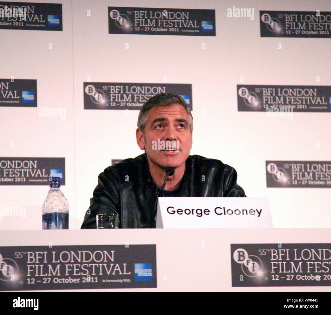 US actor George Clooney speaks at a press conference for the movie, The Ides of March, during the 55th BFI London Film Festival in London, UK, 19 Octo Stock Photo