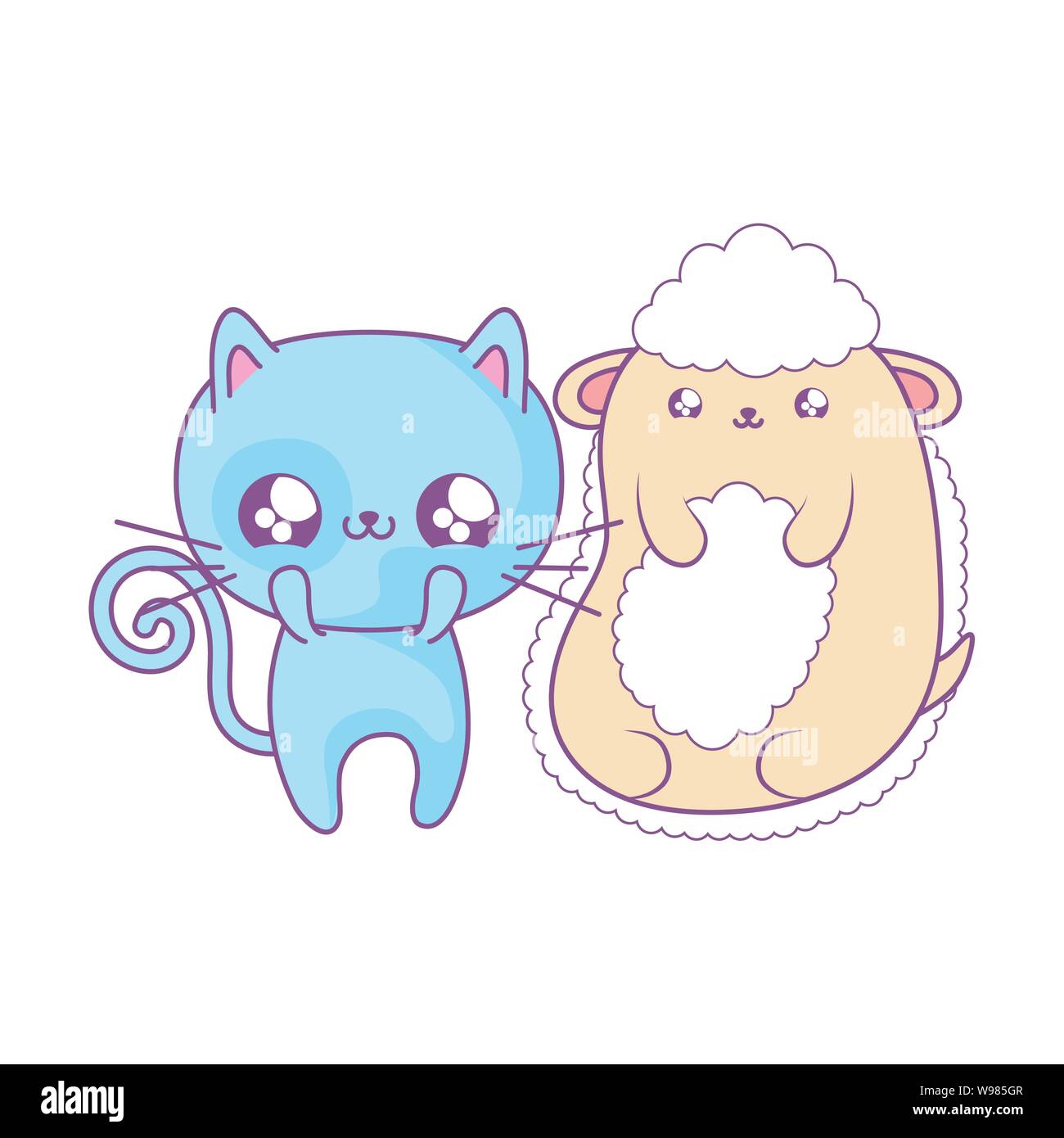 cute cat with sheep baby animals kawaii style vector illustration ...
